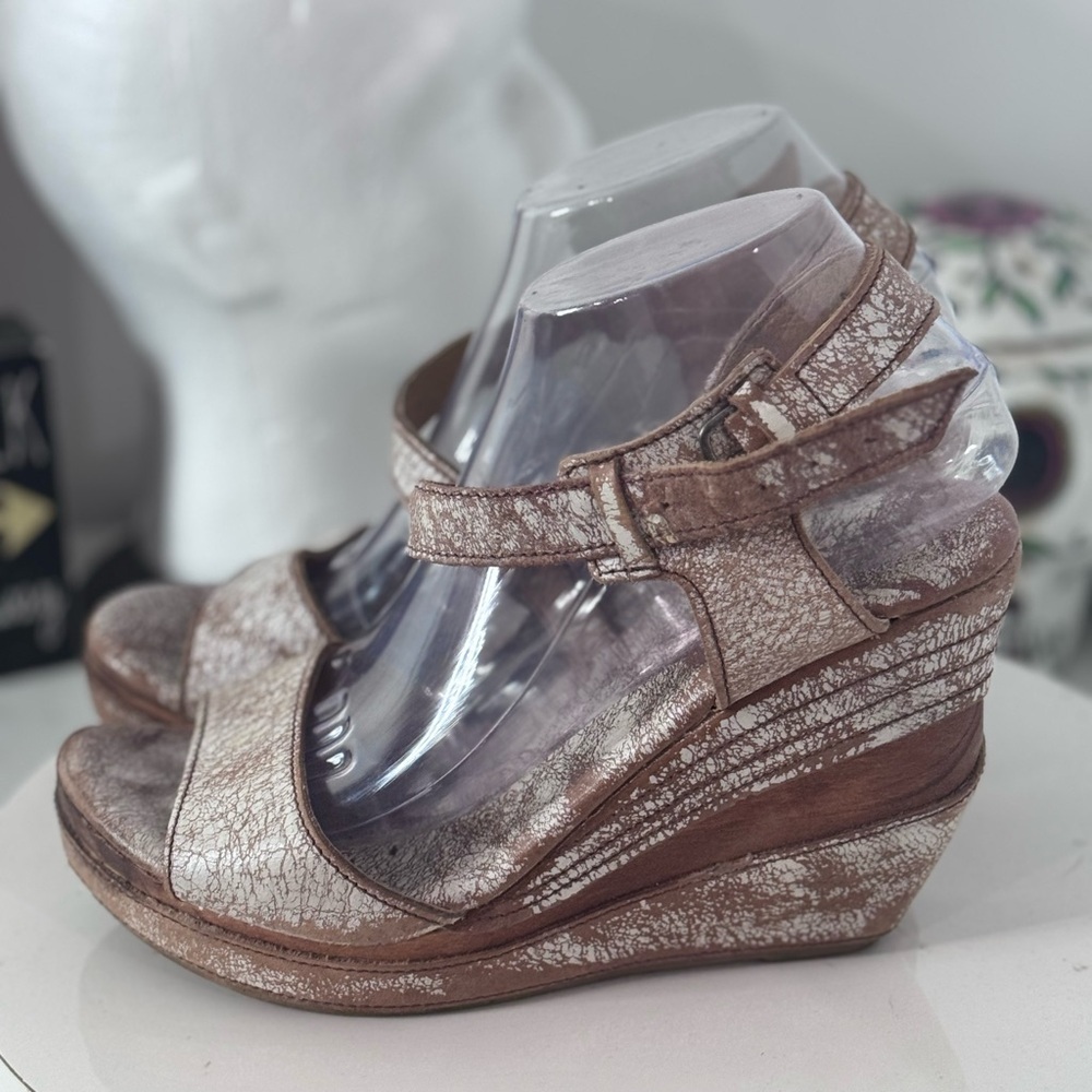 BED|STU Brown white distressed Wedge Sandals with Ankle Strap size 9